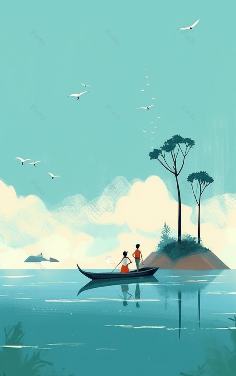 一对青年情侣在晴朗的海上划船卡通背景,插画/手绘图,插画/手绘图库,插画/手绘图下载,插画/手绘